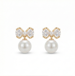 AGOR 925 Sterling Silver Gold Plated Bow Knot Pearl Drop Earrings Jewellery