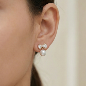 925 Sterling Silver Gold Plated Bow Knot Pearl Drop Earrings Jewellery