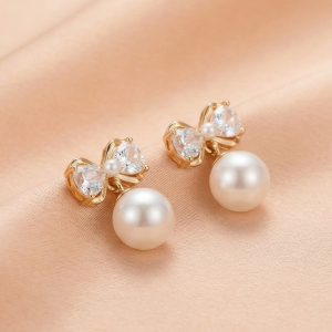 925 Sterling Silver Gold Plated Bow Knot Pearl Drop Earrings Jewellery
