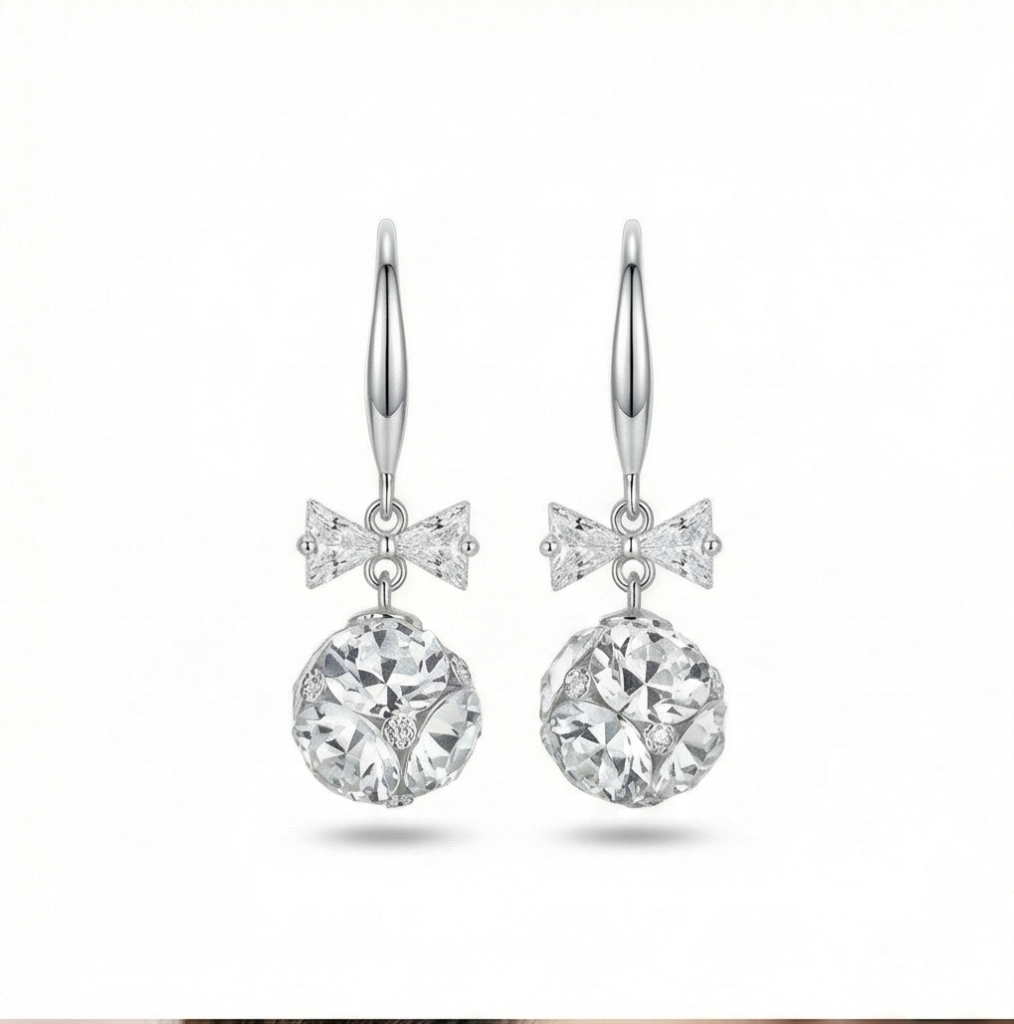 AGOR 925 Sterling Silver Crystal Bow Knot Drop Earrings with Faceted Ball Charm Jewellery