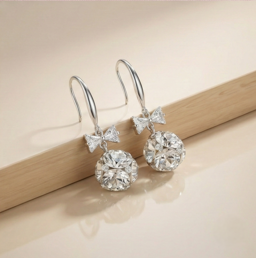 AGOR 925 Sterling Silver Crystal Bow Knot Drop Earrings with Faceted Ball Charm Jewellery