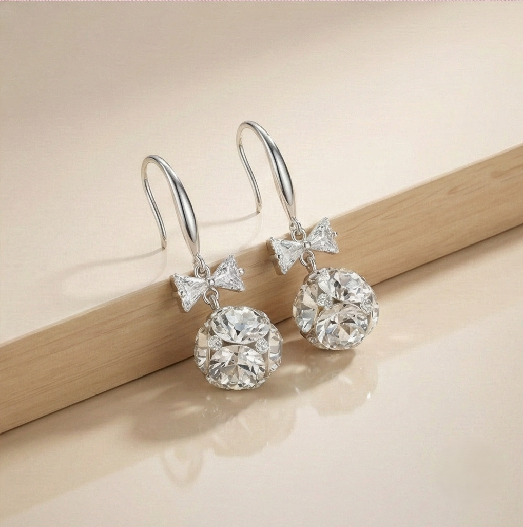 925 Sterling Silver Crystal Bow Knot Drop Earrings with Faceted Ball Charm Jewellery
