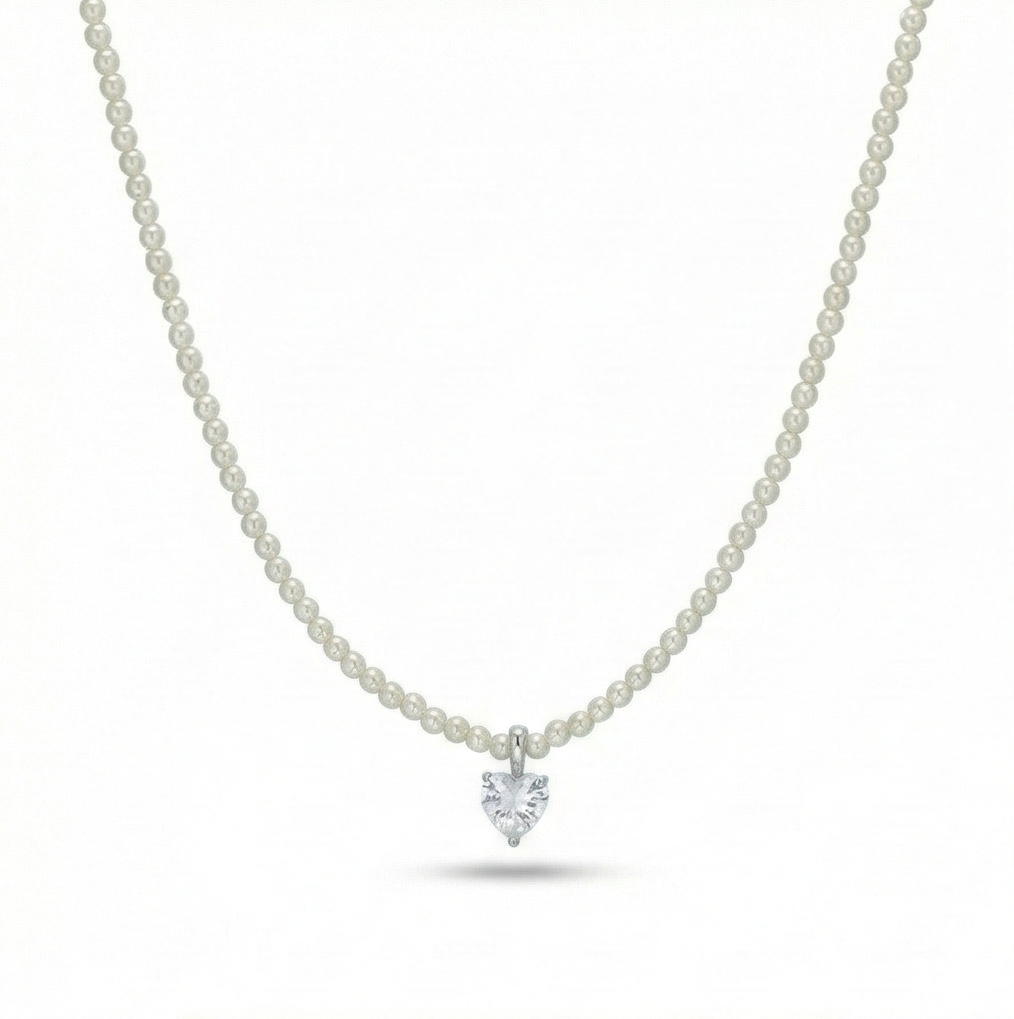 925 Sterling Silver Pearl Strand Necklace with Crystal Heart Charm Jewellery for Women