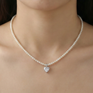 AGOR 925 Sterling Silver Pearl Strand Necklace with Crystal Heart Charm Jewellery for Women