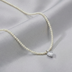 AGOR 925 Sterling Silver Pearl Strand Necklace with Crystal Heart Charm Jewellery for Women