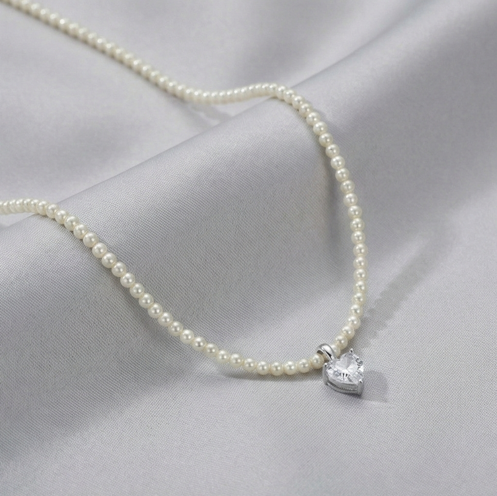 925 Sterling Silver Pearl Strand Necklace with Crystal Heart Charm Jewellery for Women