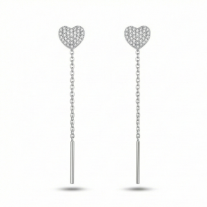 AGOR 925 Sterling Silver Pave Heart Long Chain Drop Earrings High Polish Rhodium Finish Jewellery
