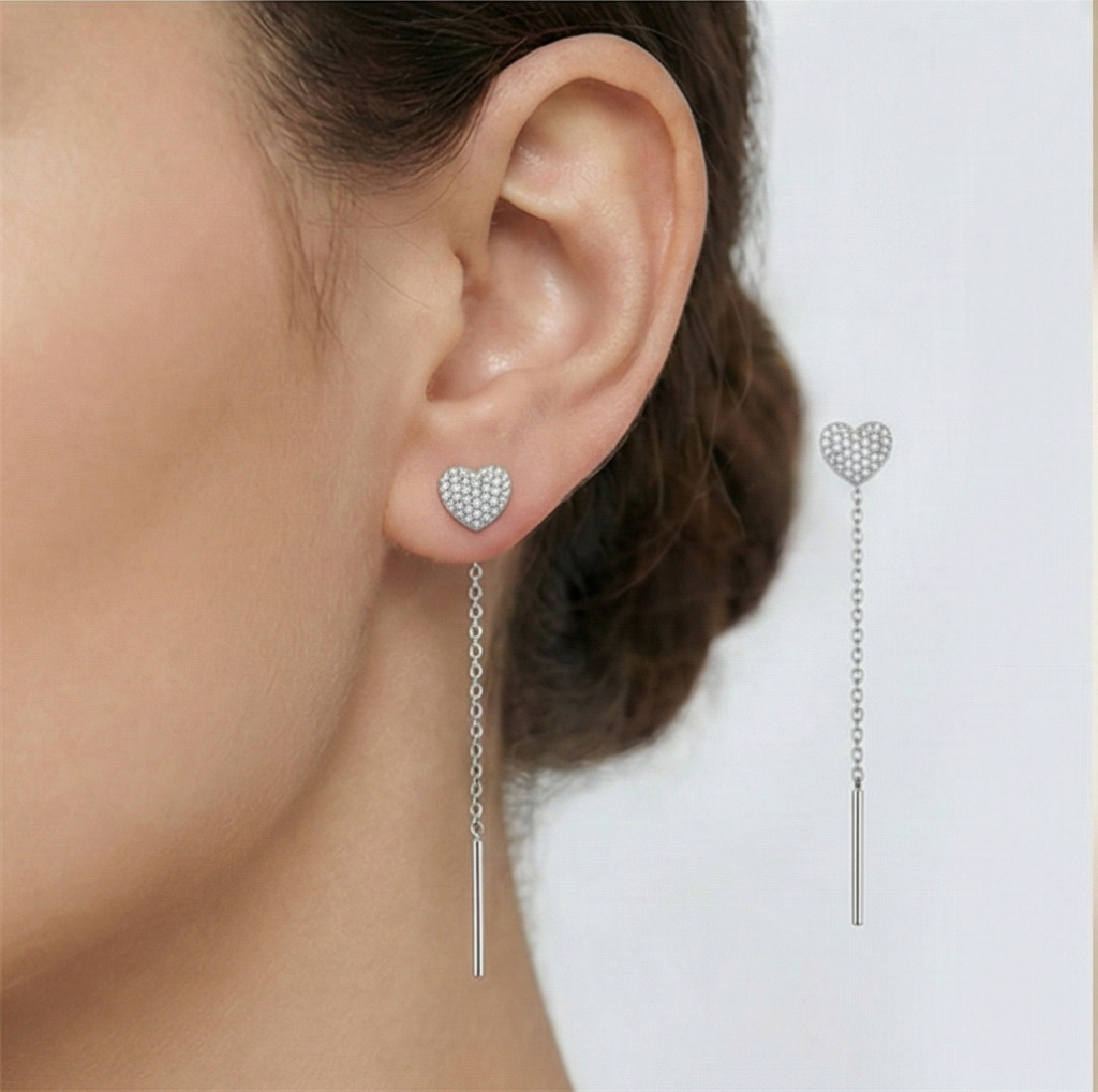 AGOR 925 Sterling Silver Pave Heart Long Chain Drop Earrings High Polish Rhodium Finish Jewellery