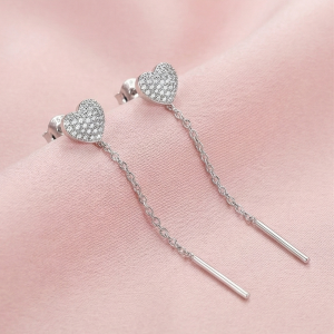 925 Sterling Silver Pave Heart Long Chain Drop Earrings High Polish Rhodium Finish Jewellery