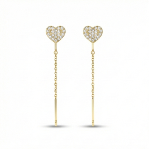 AGOR 925 Sterling Silver Pave Heart Long Chain Drop Earrings Yellow Gold Plated Jewellery for Women