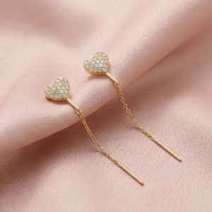 AGOR 925 Sterling Silver Pave Heart Long Chain Drop Earrings Yellow Gold Plated Jewellery for Women