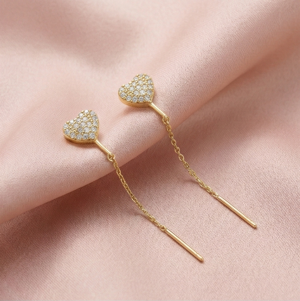 925 Sterling Silver Pave Heart Long Chain Drop Earrings Yellow Gold Plated Jewellery for Women