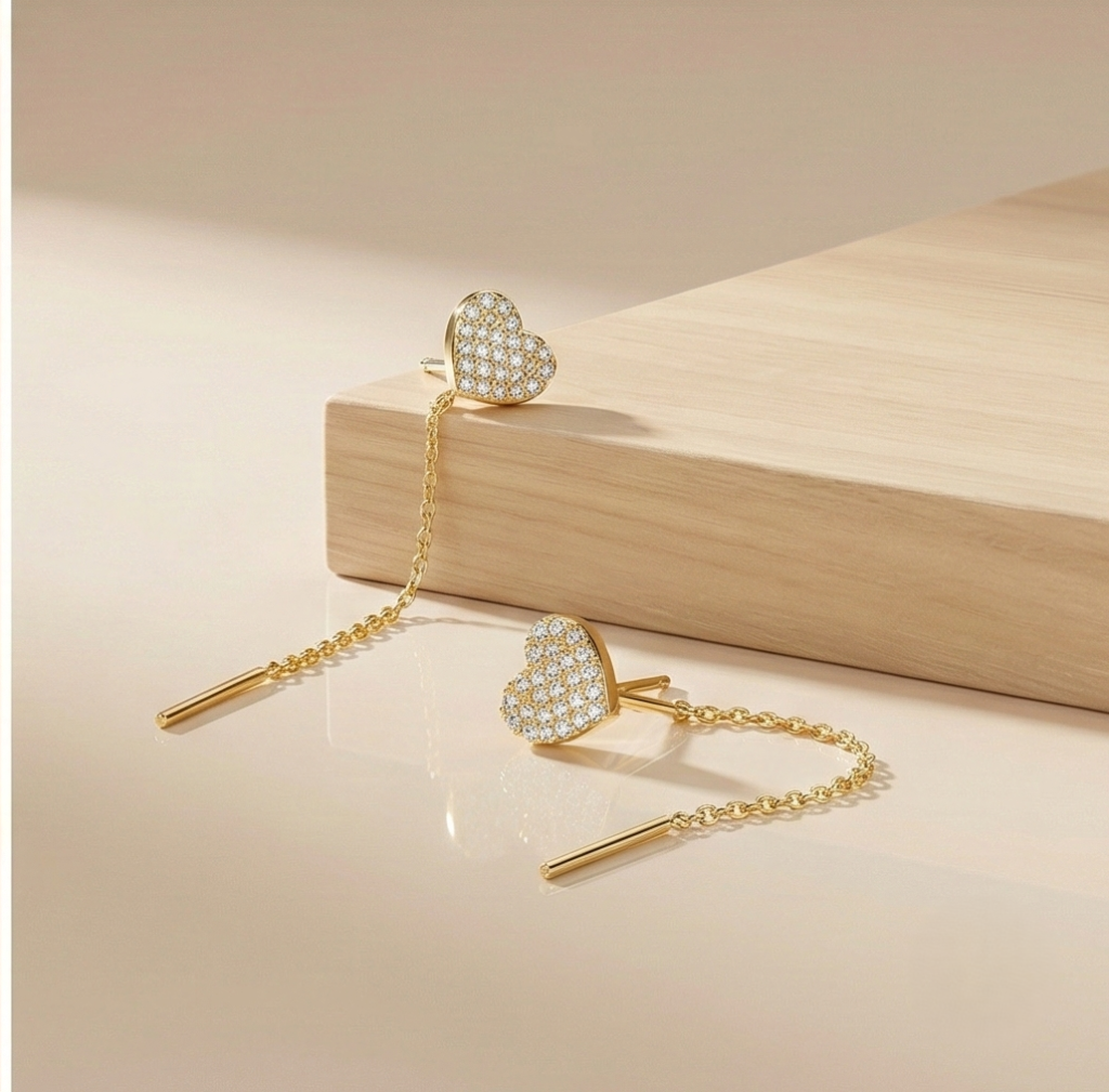 AGOR 925 Sterling Silver Pave Heart Long Chain Drop Earrings Yellow Gold Plated Jewellery for Women