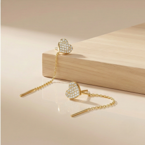 925 Sterling Silver Pave Heart Long Chain Drop Earrings Yellow Gold Plated Jewellery for Women