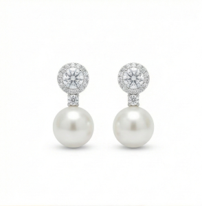 AGOR 925 Sterling Silver Classic Pearl Drop Earrings with Halo Stud High Polish Rhodium Finish Jewellery