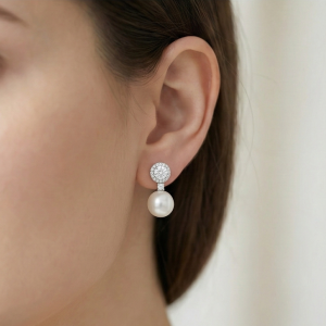 AGOR 925 Sterling Silver Classic Pearl Drop Earrings with Halo Stud High Polish Rhodium Finish Jewellery