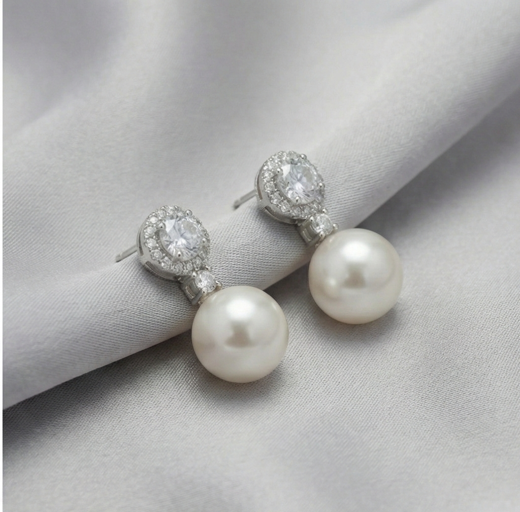 AGOR 925 Sterling Silver Classic Pearl Drop Earrings with Halo Stud High Polish Rhodium Finish Jewellery