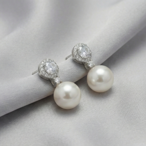 925 Sterling Silver Classic Pearl Drop Earrings with Halo Stud High Polish Rhodium Finish Jewellery
