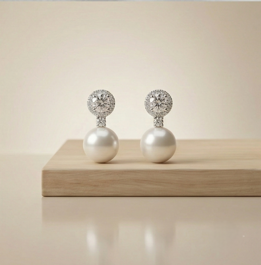 AGOR 925 Sterling Silver Classic Pearl Drop Earrings with Halo Stud High Polish Rhodium Finish Jewellery