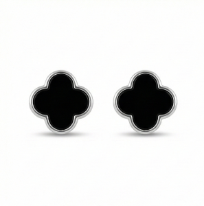 AGOR 925 Sterling Silver Black Enamel Quatrefoil Clover Stud Earrings Jewellery Minimalist