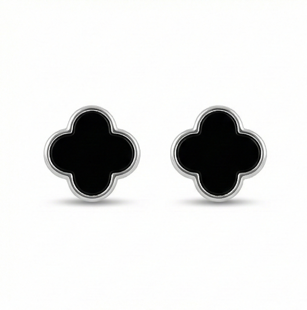 925 Sterling Silver Black Enamel Quatrefoil Clover Stud Earrings Jewellery Minimalist