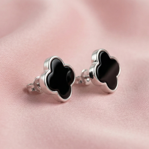 AGOR 925 Sterling Silver Black Enamel Quatrefoil Clover Stud Earrings Jewellery Minimalist