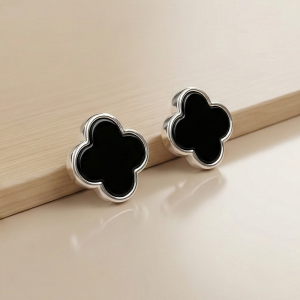 AGOR 925 Sterling Silver Black Enamel Quatrefoil Clover Stud Earrings Jewellery Minimalist