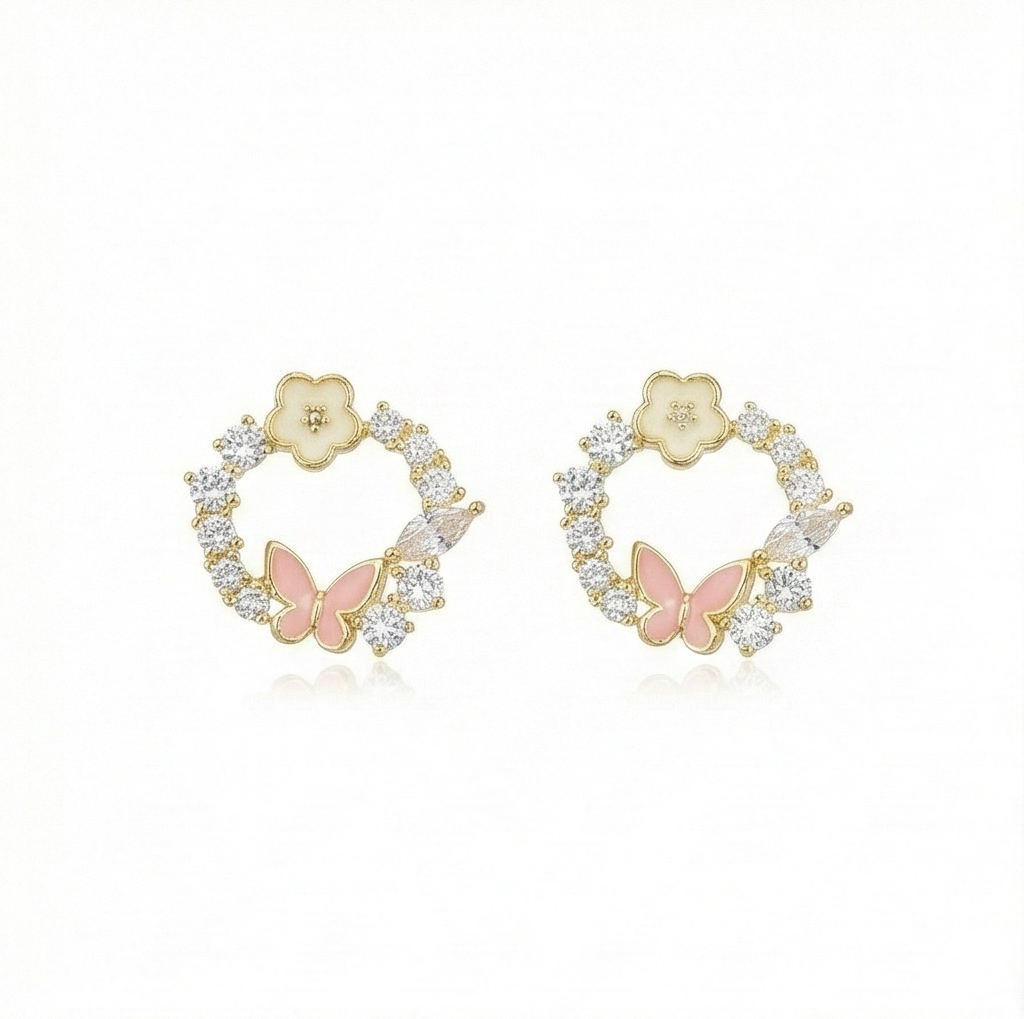 925 Sterling Silver Gold Plated Floral Butterfly Wreath Stud Earrings Jewellery for Women
