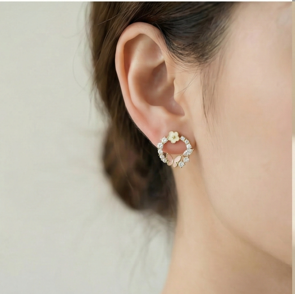 AGOR 925 Sterling Silver Gold Plated Floral Butterfly Wreath Stud Earrings Jewellery for Women