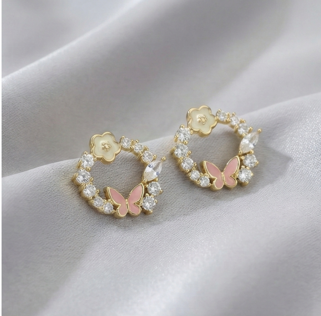 AGOR 925 Sterling Silver Gold Plated Floral Butterfly Wreath Stud Earrings Jewellery for Women