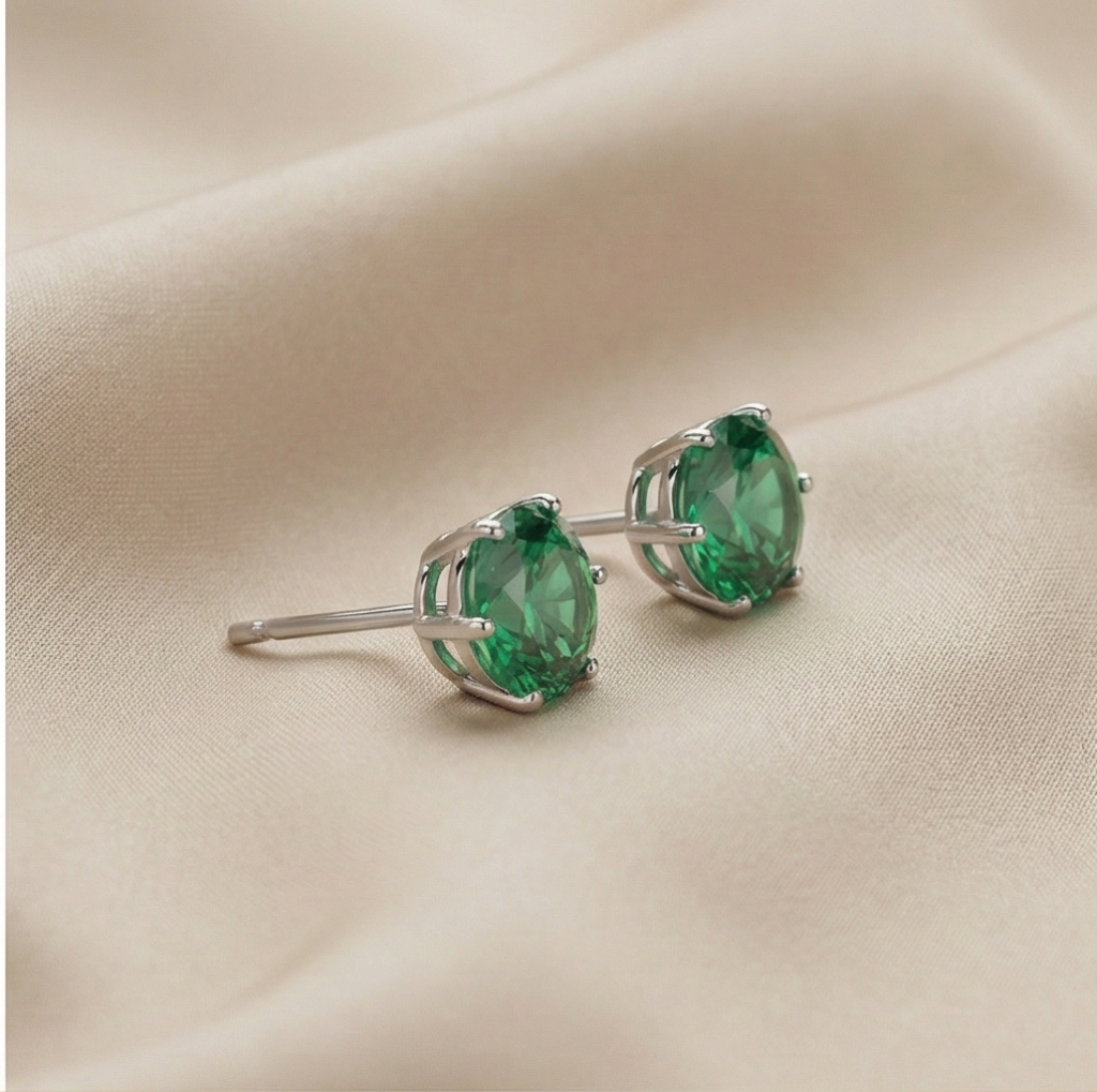 AGOR 925 Sterling Silver Round Green Solitaire Stud Earrings Jewellery Rhodium Plated