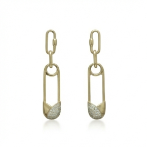 AGOR 925 Sterling Silver Gold Plated Safety Pin Link Drop Earrings Jewellery Pave Setting
