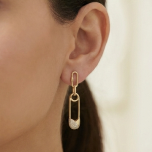 AGOR 925 Sterling Silver Gold Plated Safety Pin Link Drop Earrings Jewellery Pave Setting