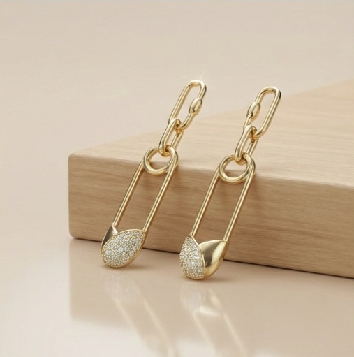 925 Sterling Silver Gold Plated Safety Pin Link Drop Earrings Jewellery Pave Setting