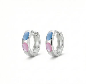 AGOR 925 Sterling Silver Pastel Pink and Blue Oval Inlay Huggie Hoop Earrings for Women Rhodium Plated Jewellery