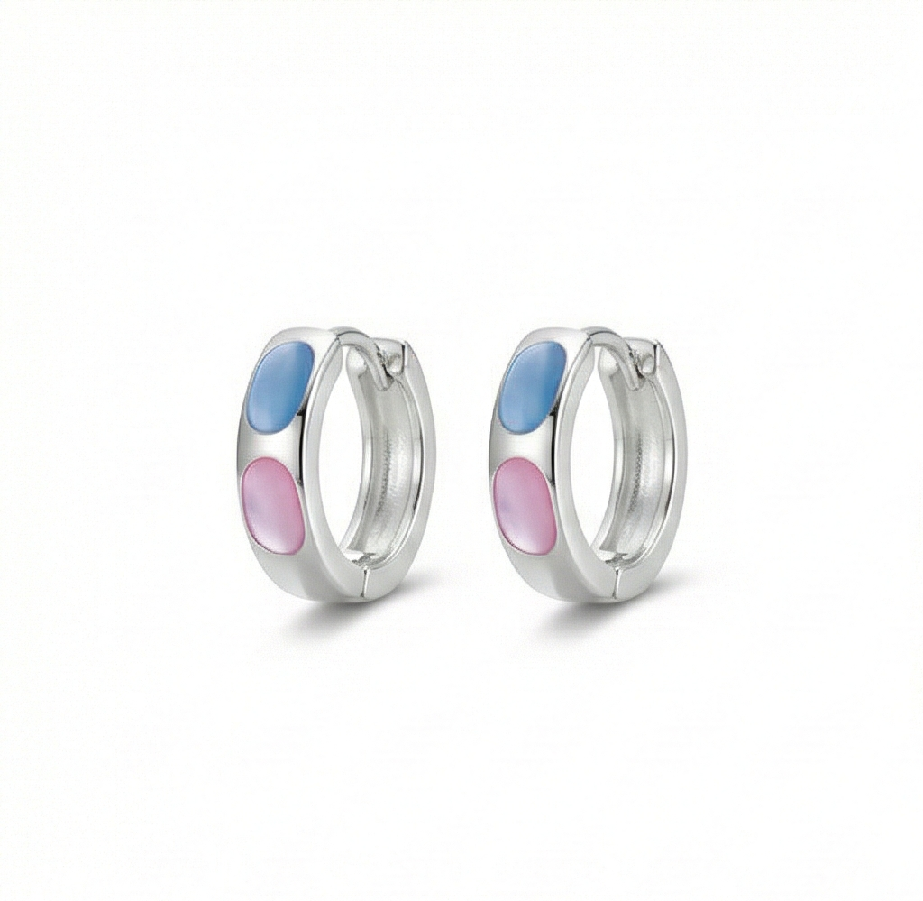 925 Sterling Silver Pastel Pink and Blue Oval Inlay Huggie Hoop Earrings for Women Rhodium Plated Jewellery