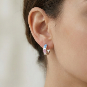 AGOR 925 Sterling Silver Pastel Pink and Blue Oval Inlay Huggie Hoop Earrings for Women Rhodium Plated Jewellery