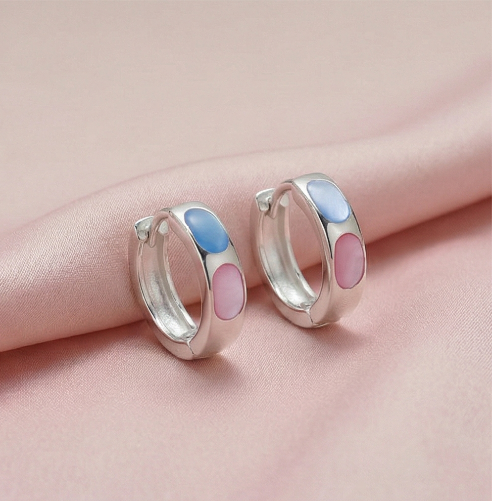 925 Sterling Silver Pastel Pink and Blue Oval Inlay Huggie Hoop Earrings for Women Rhodium Plated Jewellery