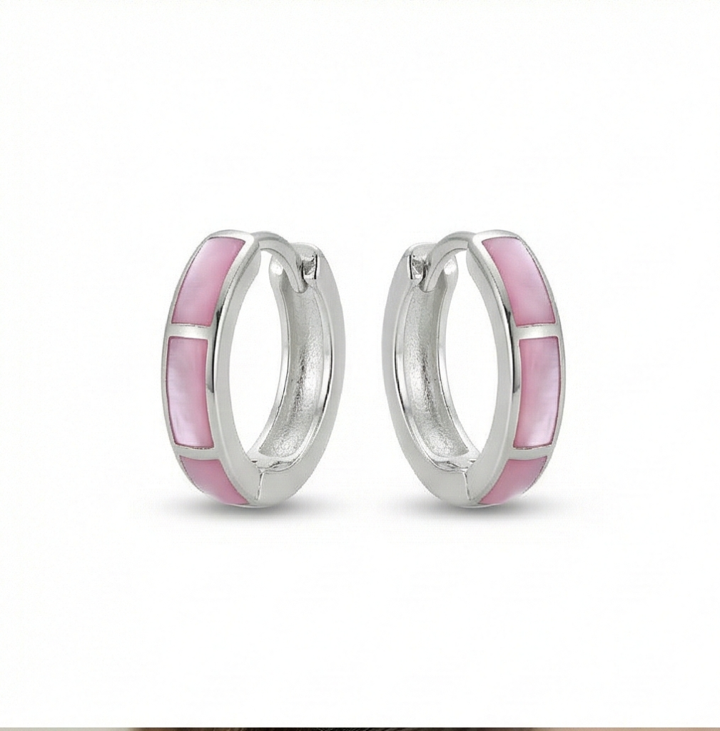 AGOR 925 Sterling Silver Pink Pearlescent Rectangular Inlay Huggie Hoop Earrings for Women Rhodium Plated Jewellery