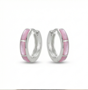 AGOR 925 Sterling Silver Pink Pearlescent Rectangular Inlay Huggie Hoop Earrings for Women Rhodium Plated Jewellery