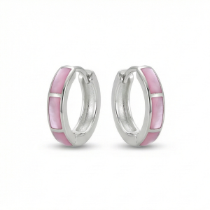 925 Sterling Silver Pink Pearlescent Rectangular Inlay Huggie Hoop Earrings for Women Rhodium Plated Jewellery