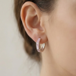 AGOR 925 Sterling Silver Pink Pearlescent Rectangular Inlay Huggie Hoop Earrings for Women Rhodium Plated Jewellery