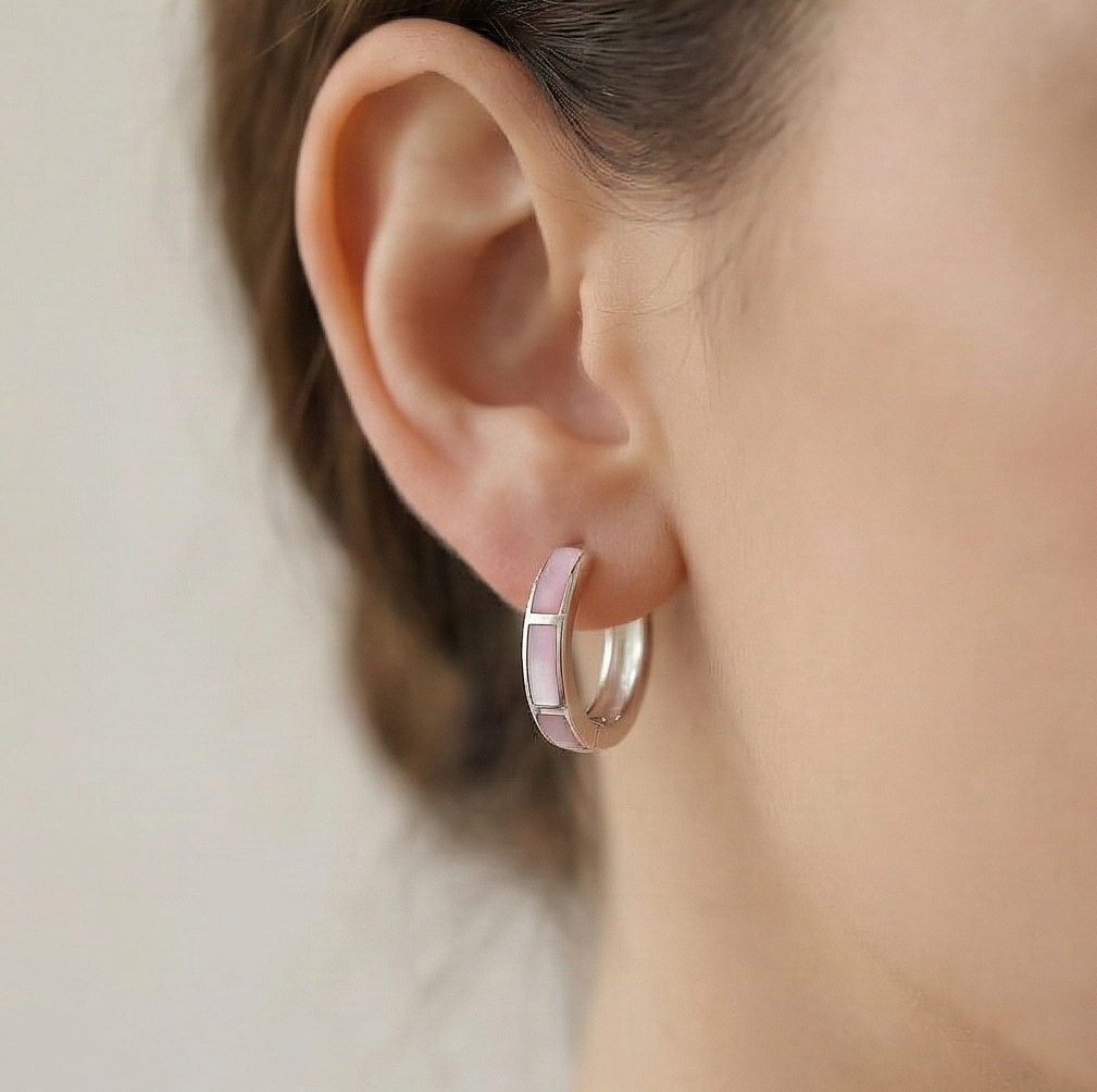 925 Sterling Silver Pink Pearlescent Rectangular Inlay Huggie Hoop Earrings for Women Rhodium Plated Jewellery