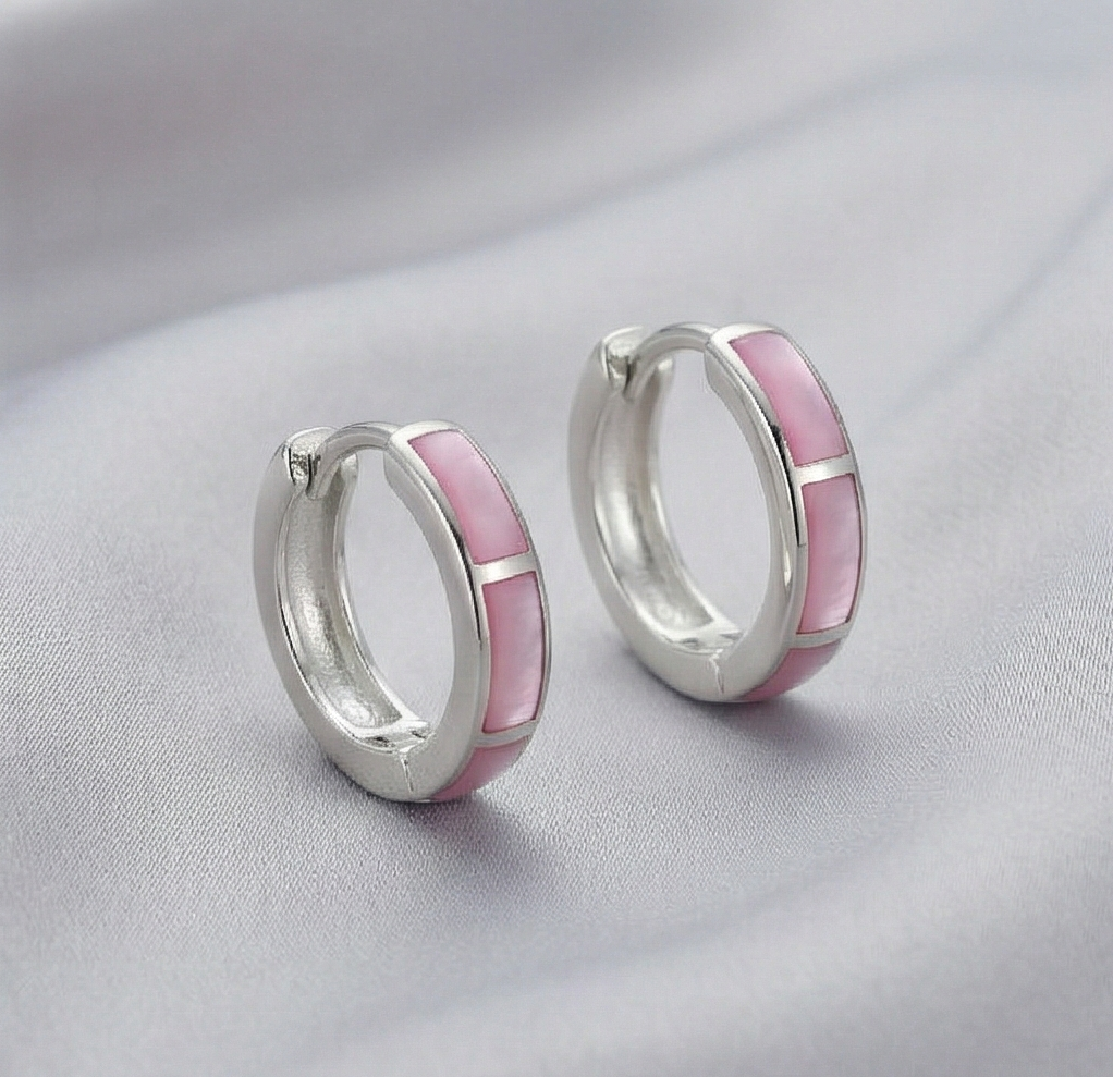 925 Sterling Silver Pink Pearlescent Rectangular Inlay Huggie Hoop Earrings for Women Rhodium Plated Jewellery