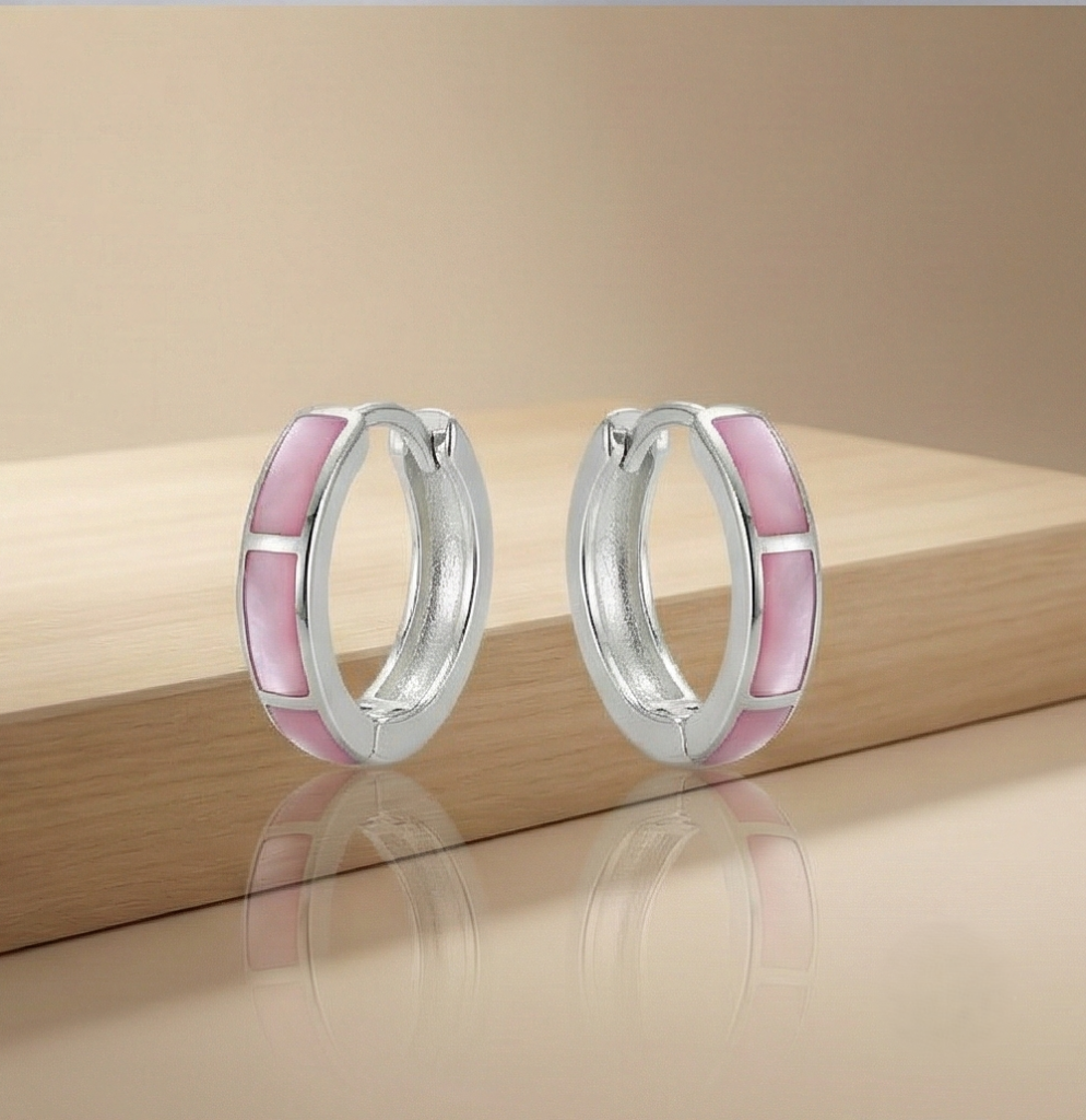 AGOR 925 Sterling Silver Pink Pearlescent Rectangular Inlay Huggie Hoop Earrings for Women Rhodium Plated Jewellery