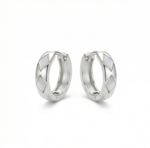 AGOR 925 Sterling Silver White Pearlescent Geometric Huggie Hoop Earrings for Women Rhodium Plated Jewellery