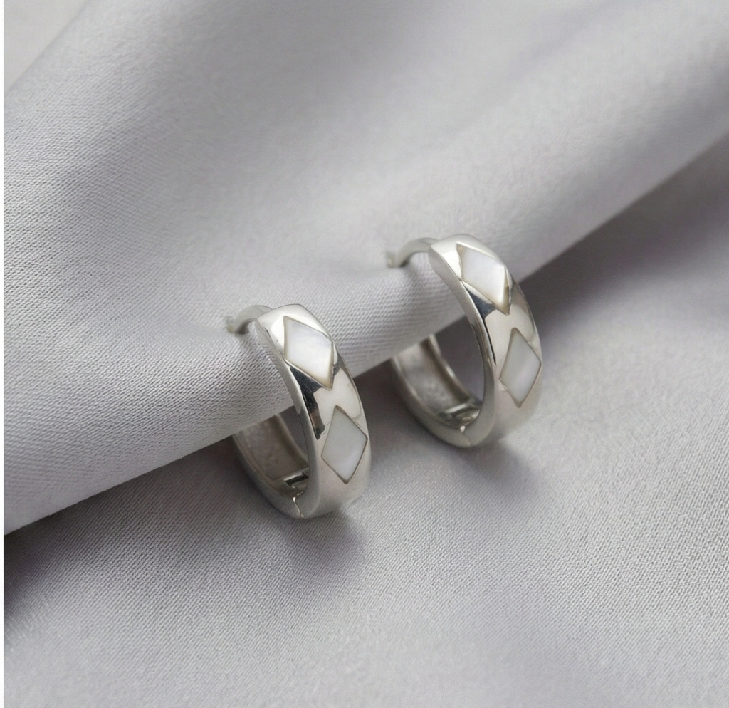 AGOR 925 Sterling Silver White Pearlescent Geometric Huggie Hoop Earrings for Women Rhodium Plated Jewellery