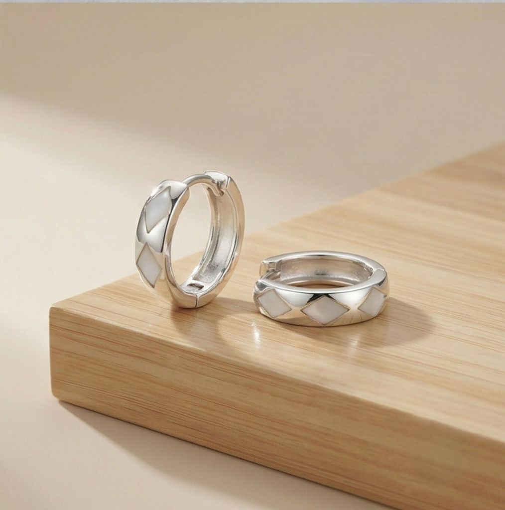 AGOR 925 Sterling Silver White Pearlescent Geometric Huggie Hoop Earrings for Women Rhodium Plated Jewellery