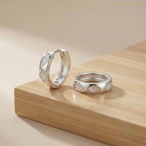 925 Sterling Silver White Pearlescent Geometric Huggie Hoop Earrings for Women Rhodium Plated Jewellery
