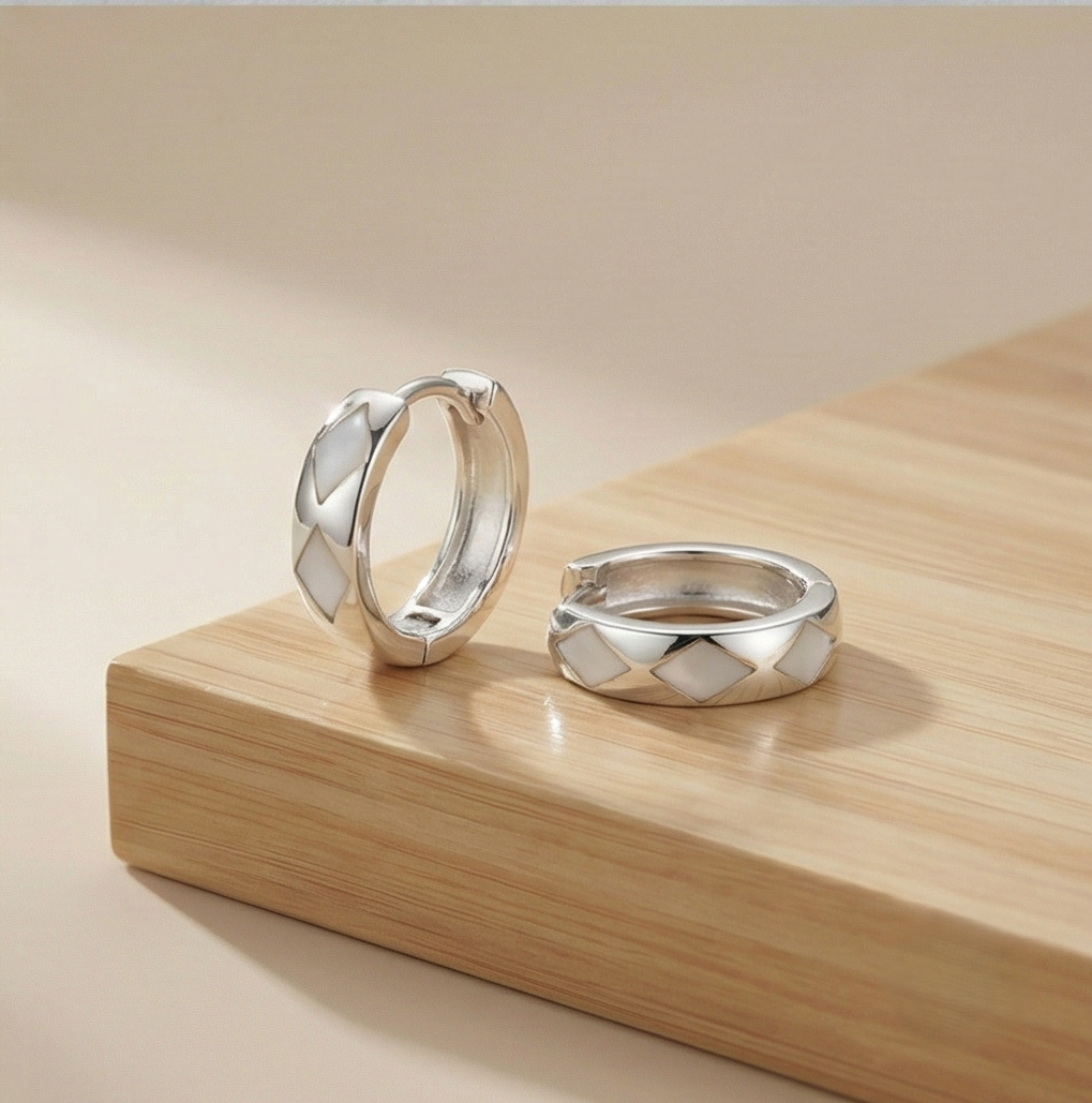 925 Sterling Silver White Pearlescent Geometric Huggie Hoop Earrings for Women Rhodium Plated Jewellery